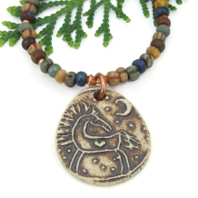 ceramic horse crescent moon heart necklace handmade earthy striped Czech beads