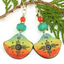 ceramic southwest sun symbol petroglyph earrings czech glass handmade