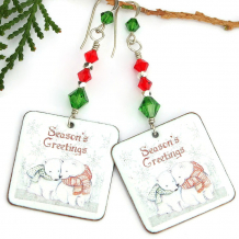 christmas holidays polar bear earrings handmade red green swarovski crystals