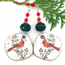 christmas holidays red cardinals earrings handmade bird lover gift red green