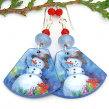 The unique CHEERFUL SNOWMAN handmade earrings feature artisan snowman dangles, artisan light blue lampwork beads, faceted red Czech glass beads and sterling silver - wonderful holiday jewelry gift for women. christmas snowmen earrings icy blue red green handmade holiday jewelry