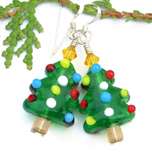 The unique O TANNENBAUM handmade earrings feature translucent green glass Christmas trees, two types of Swarovski crystals and sterling silver, unique holiday jewelry for women. christmas tree holidays handmade earrings lampwork glass Swarovski crystals