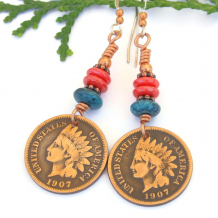 coin earrings indian head copper penny handmade jewelry turquoise coral