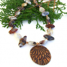 The TOUCH OF MAGIC handmade necklace features an artisan created copper feather pendant and mixed agate gemstones - unique jewelry for women. copper feather pendant necklace handmade mixed agate gemstones