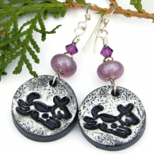 dog lover puppy earrings handmade silver black lavender purple