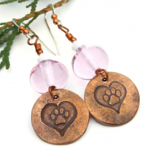 dog paw prints and hearts dangle earrings