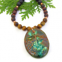 dragonfly pendant necklace lotus flowers brown green mixed tigers eye gemstones