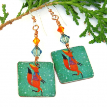 faux vintage tin christmas fox earrings with swarovski crystals