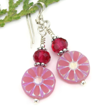 flower floral earrings pink daisies raspbery glass handmade
