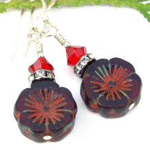 flower lover jewelry handmade red pansy hibiscus earrings swarovski crystals
