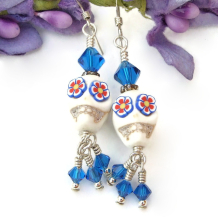 flower skull earrings halloween day of the dead handmade blue crystals