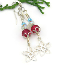 flower sterling silver handmade earrings floral jewelry red white opal aqua