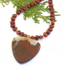 The one of a kind PAPAVERI handmade necklace features a beautiful red poppy jasper pendant, maroon freshwater pearls and copper - unique gemstone jewelry for women. gemstone necklace handmade red poppy jasper quartz freshwater pearls copper