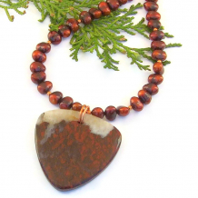 gemstone necklace red poppy jasper quartz freshwater pearls copper