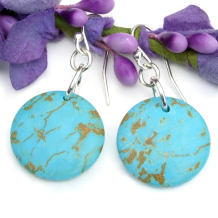 gemstone turquoise magnesite earrings sterling silver handmade round coins