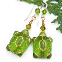 green gold handmade turtle earrings olivine swarovski crystals jewelry
