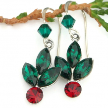 The unique HOLIDAY HOLLY handmade Christmas earrings feature vintage green Austrian crystals, red Swarovski crystals and sterling silver - sparkling holiday jewelry gift for women. green red vintage crystal earrings holly berry Christmas handmade jewelry