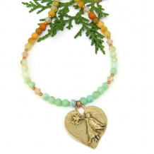 The beautiful GUARDIAN ANGEL handmade necklace features an artisan angel holding a star on a heart pendant, ombre Burma jade gemstones and copper - unique jewelry gift for women. guardian angel star heart pendant necklace handmade bronze Burma jade crystals