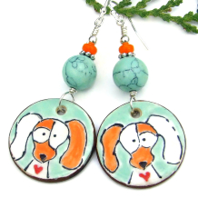 hand painted ceramic dog lover earrings hearts aqua orange white