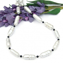 handmade baroque white pearl necklace black onyx sterling silver jewelry gift
