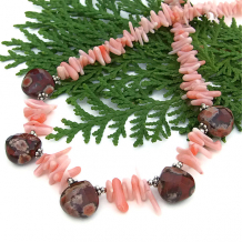 handmade beach necklace apple jasper pink coral gift for her