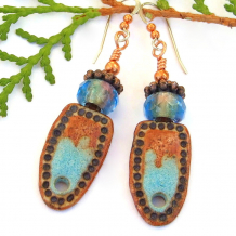 handmade boho southwest earrings ceramic turquoise blue brown