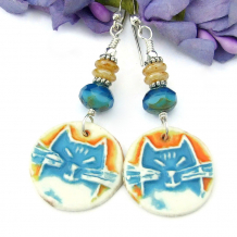 handmade cat kitty earrings ceramics orange blue
