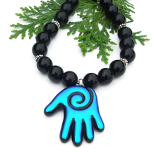 handmade dichroic glass healers hand necklace black onyx Bali sterling silver