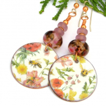 The colorful API E FIORI handmade earrings feature artisan enamel honey bees and flower dangles, artisan spotted lampwork glass beads and frosted Czech glass discs - unique jewelry for women. handmade earrings honey bees flowers lampwork