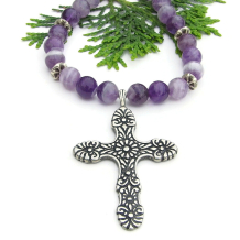 handmade flower floral cross necklace chevron amethyst thai silver