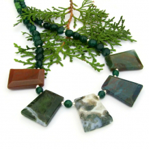 The gorgeous ELEMENTAL handmade necklace features earthy India agate flag pendants, faceted green quartz coins and sterling silver - boho gemstone jewelry for women. handmade gemstone necklace india agate green quartz