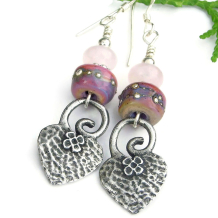 handmade hearts spirals flowers earrings textured pewter lampwork rose quartz
