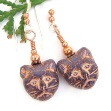 handmade kitty cat face earrings calico czech glass copper