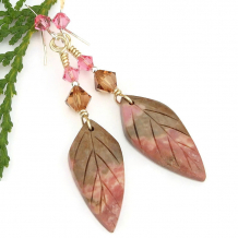 handmade leaf leaves gemstone jewelry rhodonite swarovski crystals
