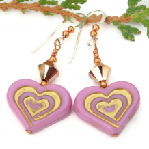 handmade pink hearts valentines day earrings gold swarovski crystals czech glass