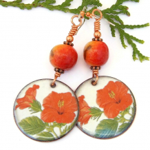 handmade red hibiscus tropical flower jewelry apple limestone coral copper