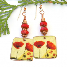 handmade red poppy poppies yellow copper dangle earrings red czech glass