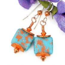handmade turquoise copper splash earrings czech glass