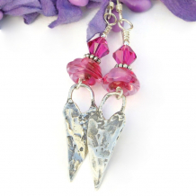 heart charm earrings fuchsia lampwork swarovski crystals valentine's day