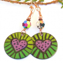 hearts valentines day handmade earrings pink green enamel swarovski crystals