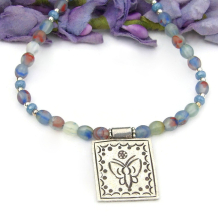 Hill Tribes butterfly pendant necklace fine silver hurricane glass handmade
