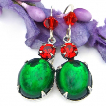 The sparkling HOLIDAY BEAUTIES handmade earrings feature vintage green Austrian, crystals, vintage red Swarovski crystal rhinestones and red Swarovski crystal bicones - perfect Christmas jewelry for women. holiday christmas vintage crystal earrings handmade jewelry green red
