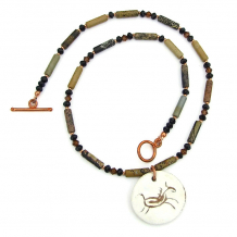 The RUNNING FREE handmade necklace features an artisan ceramic pendant with a petroglyph running horse design, Picasso jasper and Swarovski crystals - unique horse jewelry for women. horse necklace gift for women