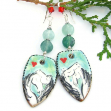 horses in love handmade earrings hand painted ceramic aqua white red