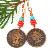 indian head copper penny coin earrings coral turquoise