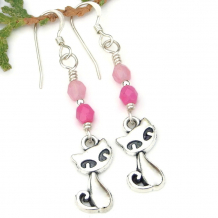 kitty cat lover silver pink earrings handmade