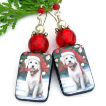labradoodle puppy dog christmas earrings red glass white pearls handmade