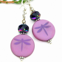 laser etched dragonfly earrings handmade purple silk czech glass