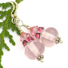 light pink lampwork earrings dark pink crystals