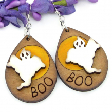 The fun GHOST MOON handmade earrings feature artisan wooden ghost, moon and boo teardrop and sterling silver - unique Halloween jewelry gift for women. lightweight  Halloween ghost moon earrings handmade wooden jewelry